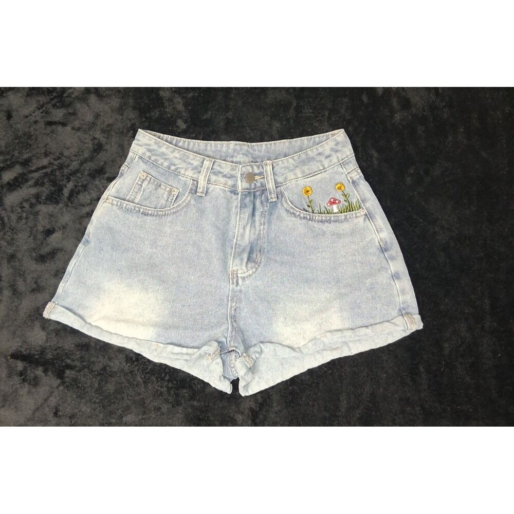 ROMWE Y2K Embroidered Denim Shorts S Light Wash Fairycore Mushroom Sunflower